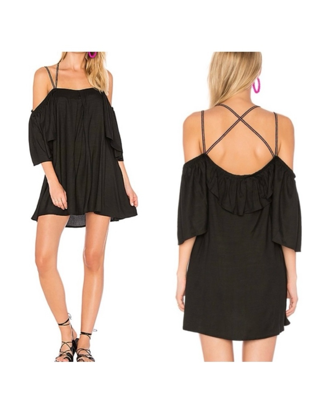 Pitusa Summer Nights Off Shoulder Strappy Mini Dress Swim Cover Black Multi